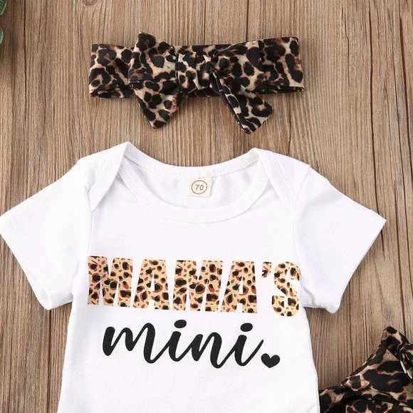 3Pcs Newborn Baby Girl Clothes Set Romper Bodysuit Top Leopard Pants Outfits
